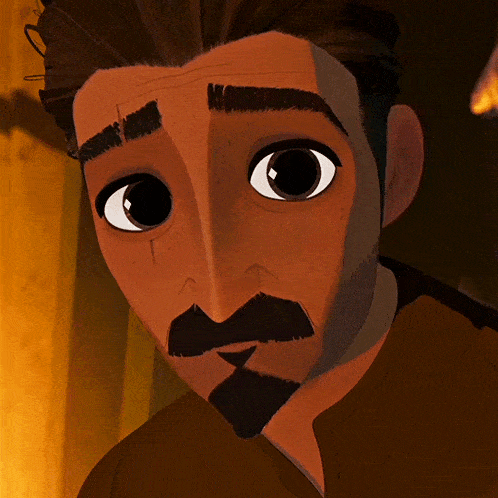 a close up of a cartoon character with big eyes