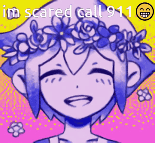 a drawing of a girl with a flower crown on her head and the words " i 'm scared call 911 "