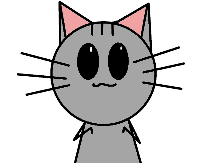 a cartoon drawing of a cat with big eyes and a pink ear