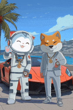 a couple of cartoon characters standing next to each other in front of a car