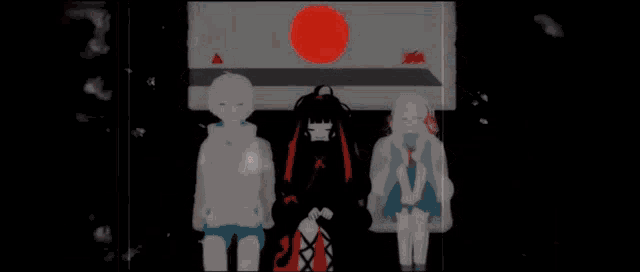 three anime characters are standing in front of a red and white background