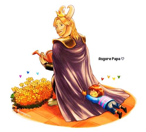a drawing of asgore papa holding a watering can next to a child