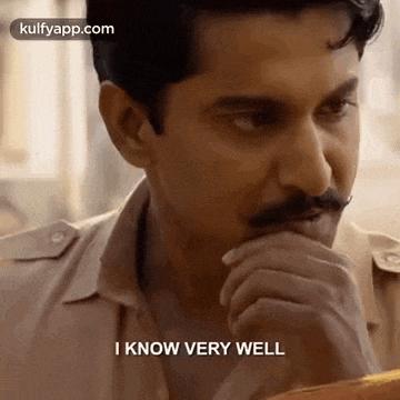 a man with a mustache is holding his hand to his mouth and says `` i know very well '' .