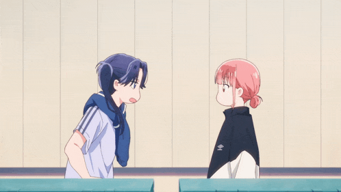two anime girls are standing next to each other and one is wearing a black jacket that says umbro