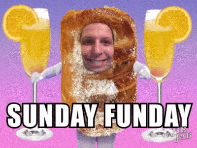 a man in a pretzel costume with the words sunday funday written on the bottom