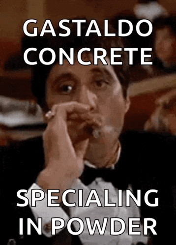 a man in a tuxedo smoking a cigar with the words gastaldo concrete specialing in powder
