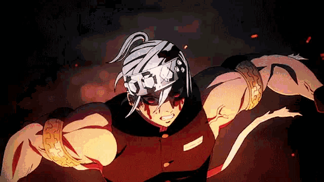 a man with a bandage on his head is flying through the air in a demon slayer anime .