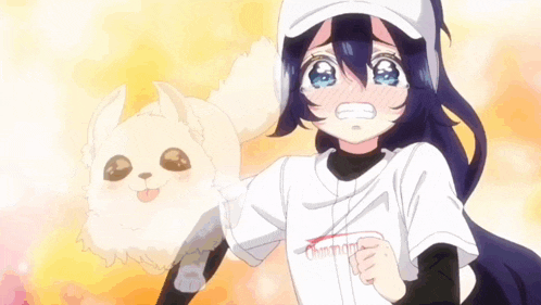a girl with long black hair is holding a stuffed animal while wearing a shirt that says chunnomitsu on it