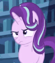 a cartoon pony with purple hair is standing in front of a bookshelf and making a sad face .