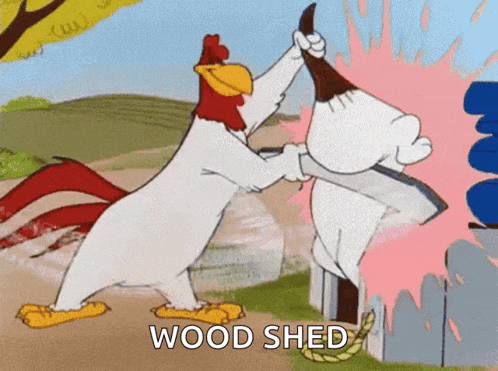 a cartoon of a rooster fighting another rooster with the words wood shed behind them