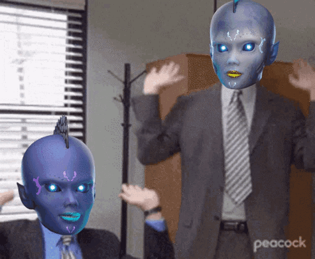 a peacock ad shows a man in a suit and tie standing next to another man