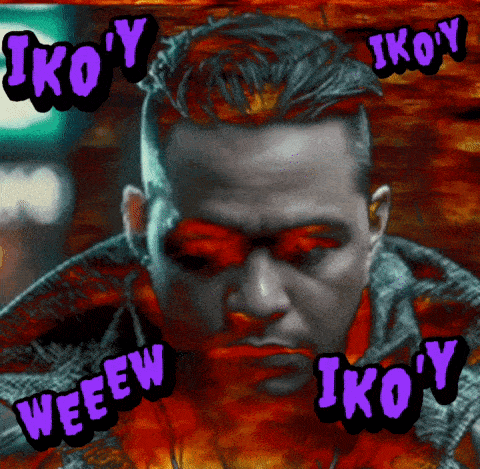 a man with red paint on his face is surrounded by the words iko ' y and weeew