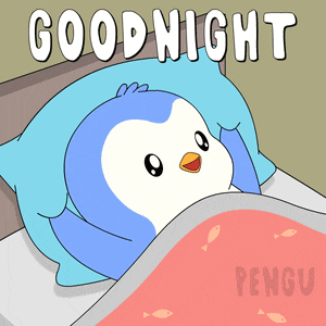 a cartoon of a penguin sleeping with the words goodnight written above