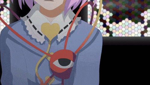 a drawing of a girl with pink hair and a red heart around her neck