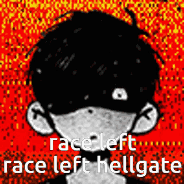 a black and white drawing of a boy with the words race left race left hellgate