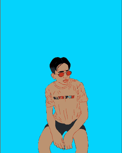 a drawing of a man wearing sunglasses and a pink shirt that says have fun