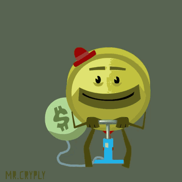 a smiley face is pumping up a bag of money with the words mr.cryply below it