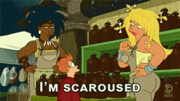 a cartoon character says i 'm scaroused in front of a group of women