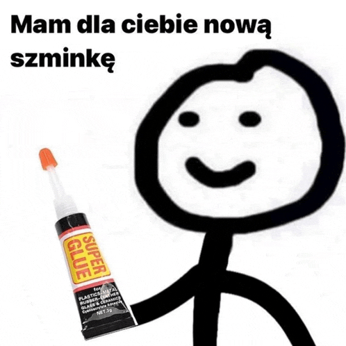 a stick figure with a tube of super glue in front of it