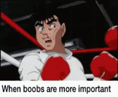 a cartoon of a man in a boxing ring with the words when boobs are more important below him