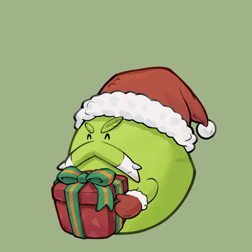 a cartoon character wearing a santa hat is holding a gift box