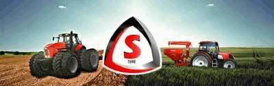 a group of tractors are parked in a field with a shield in the middle .