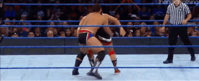 two men are wrestling in a wrestling ring with a referee watching