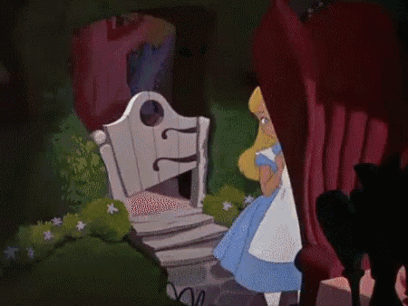 a cartoon of alice from alice in wonderland standing in front of a gate