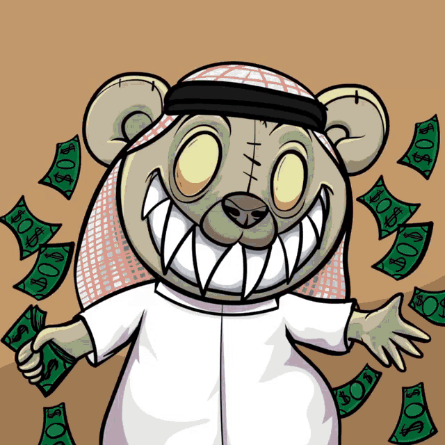 a cartoon of a teddy bear wearing a keffiyeh and surrounded by hundred dollar bills