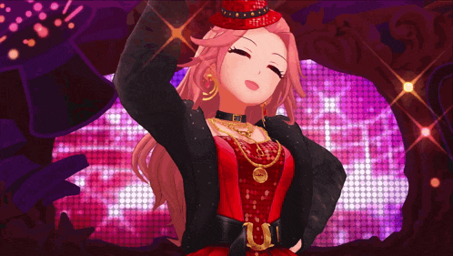 a girl in a red and black outfit with a necklace that has the letter u on it