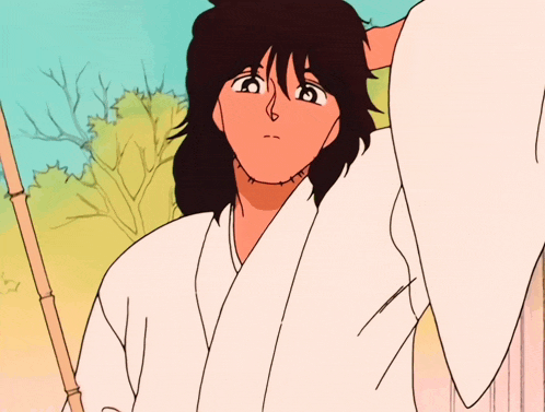 a cartoon character with a surprised look on his face holds a bamboo stick