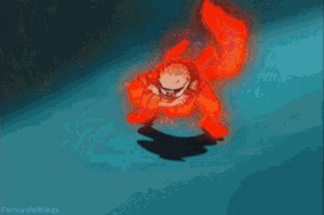 a man in a blue shirt with a red leaf on the back is running in front of a large white object