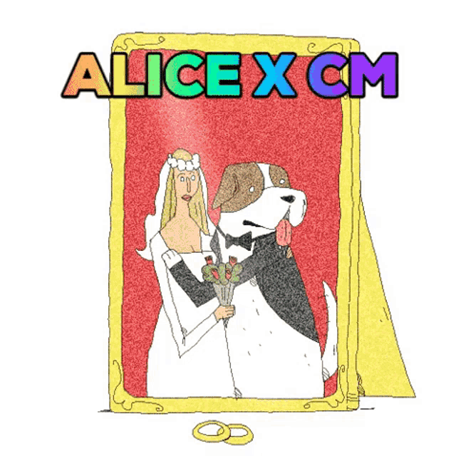a cartoon of a bride and groom with the name alice x cm on the bottom