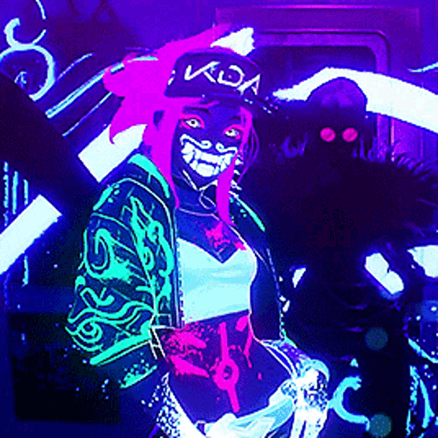 a glow in the dark drawing of a girl with a kda hat on