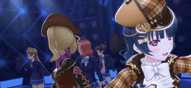 a group of anime girls are on a stage