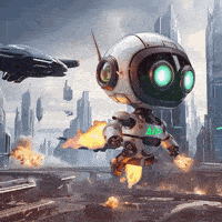 a robot with green eyes is flying through the air with a rocket in its hand