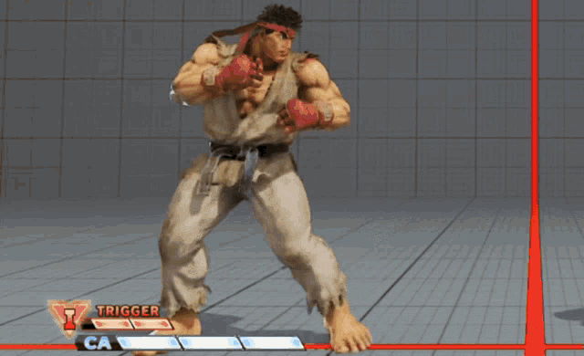 a video game screen shows a man in a karate uniform and the trigger button