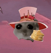 a hamster wearing a top hat holds a stack of pancakes