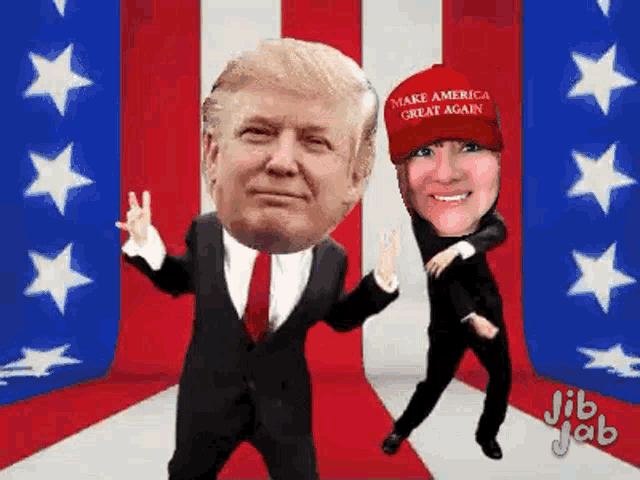 a cartoon of donald trump and a woman dancing in front of a flag .