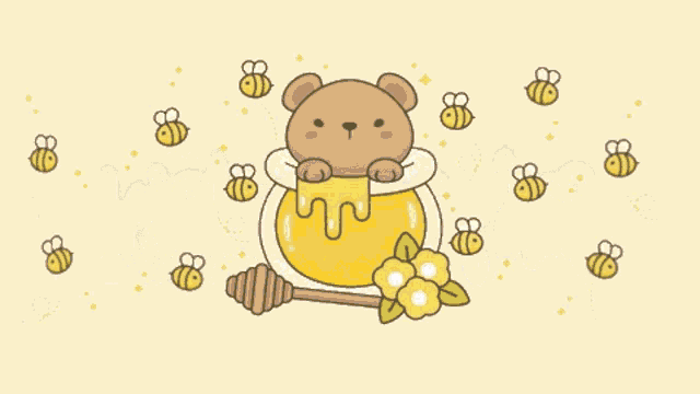 a teddy bear holding a honey dipper with the words welcome to elysen 's honey farm