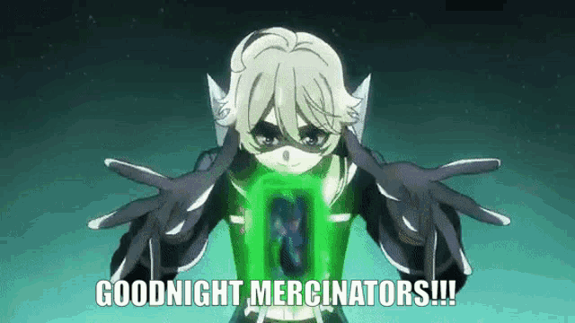 a girl is holding a green object and says goodnight mercinators