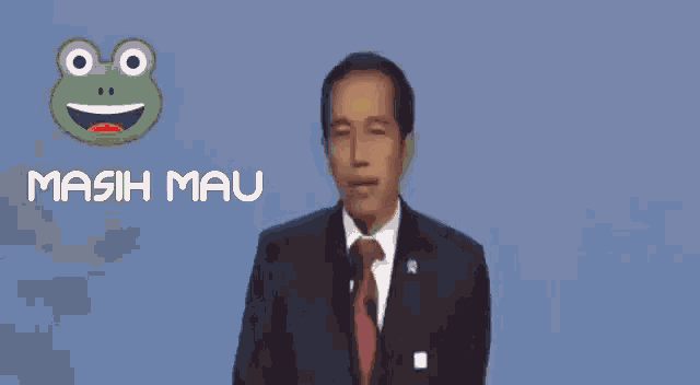 a man in a suit and tie is giving a speech with the word sejati written below him