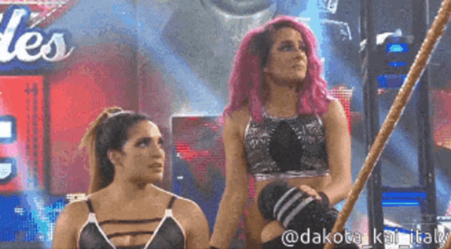 two women with pink hair are standing next to each other in front of a screen that says les