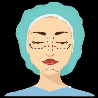 a cartoon illustration of a woman wearing a surgical cap and gown with lines drawn on her face .
