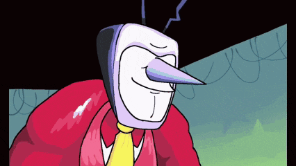 a cartoon character with a long nose is wearing a red jacket and a yellow tie
