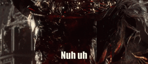 a video game character is standing in a dark room with smoke coming out of his head and the words `` nuh uh '' .
