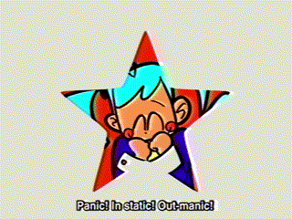 a cartoon character is standing in front of a red star and says panic in static out-manic