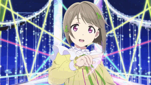 a girl in a yellow dress stands in front of a ferris wheel at night