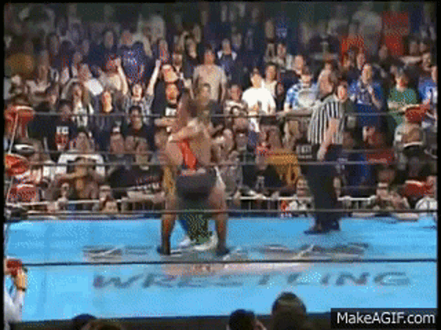 a man in a wrestling ring with the word wrestling on it