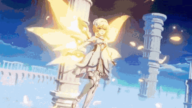 a girl with wings is standing on a pillar in a video game